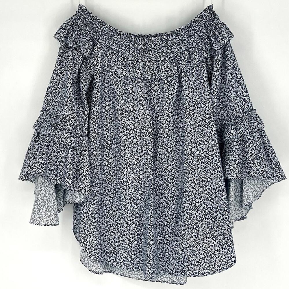 Sara Campbell Off The Shoulder Blouse Statement Sleeves Blue White Floral Small